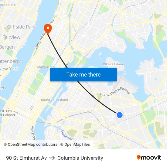 90 St-Elmhurst Av to Columbia University map