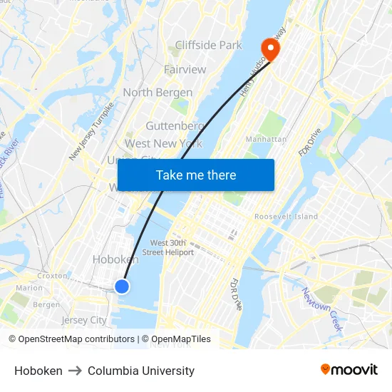 Hoboken to Columbia University map