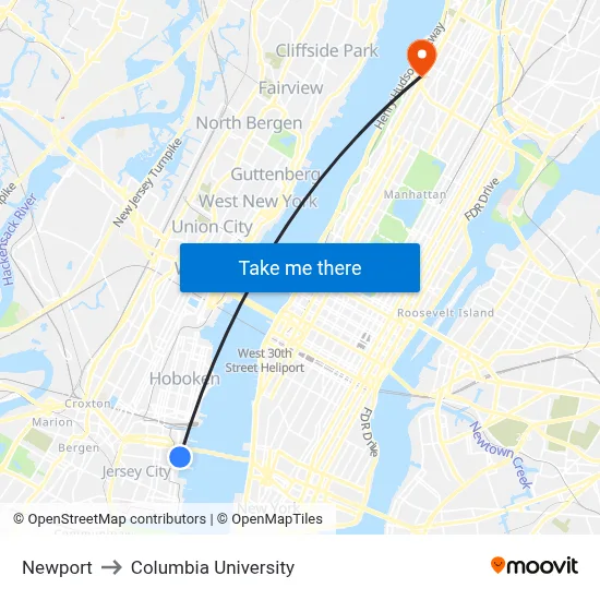 Newport to Columbia University map
