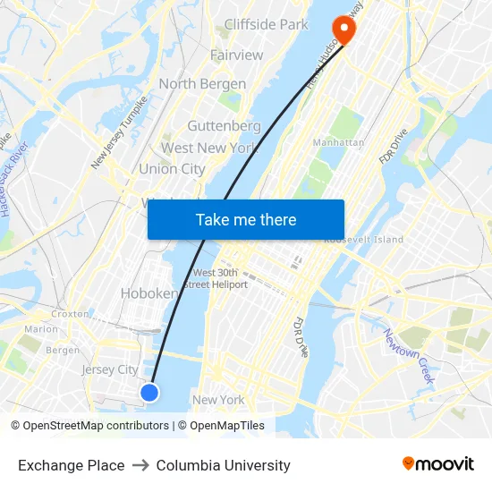 Exchange Place to Columbia University map