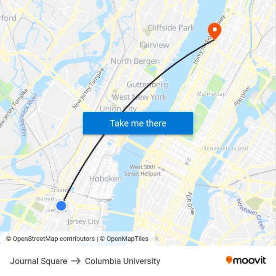 Journal Square to Columbia University map