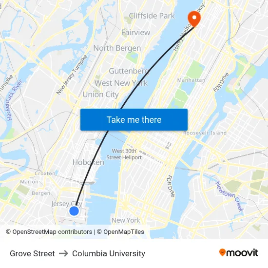 Grove Street to Columbia University map