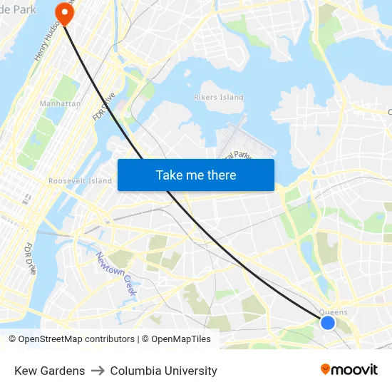 Kew Gardens to Columbia University map