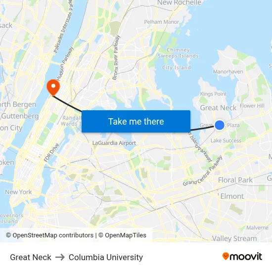 Great Neck to Columbia University map