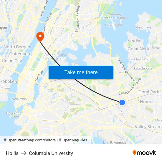 Hollis to Columbia University map