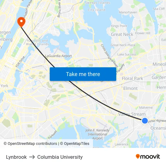 Lynbrook to Columbia University map