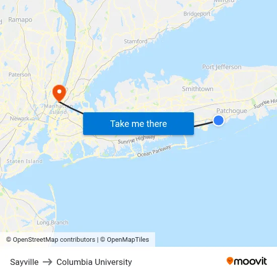 Sayville to Columbia University map