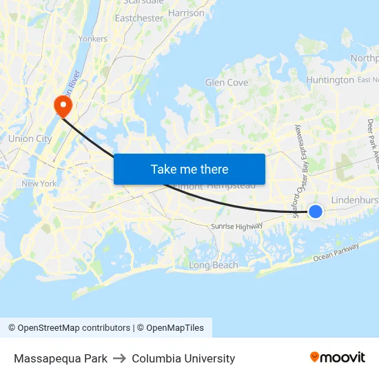 Massapequa Park to Columbia University map