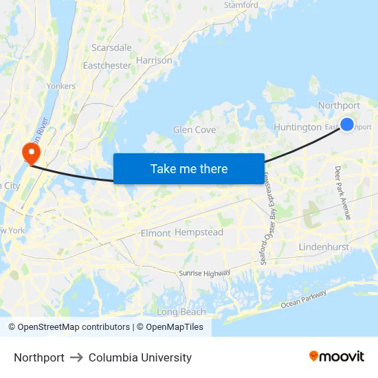 Northport to Columbia University map