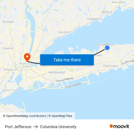 Port Jefferson to Columbia University map