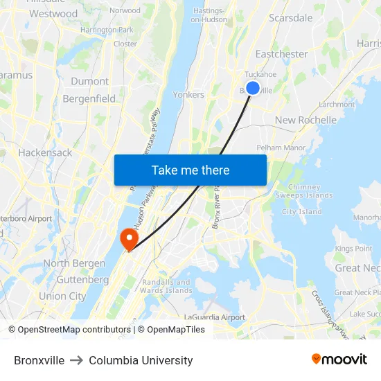 Bronxville to Columbia University map