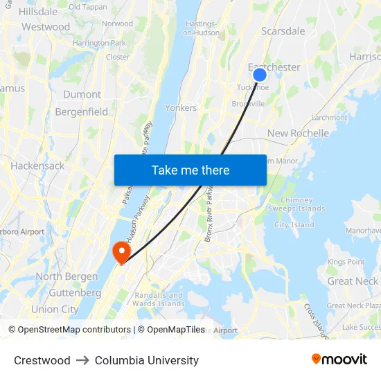 Crestwood to Columbia University map