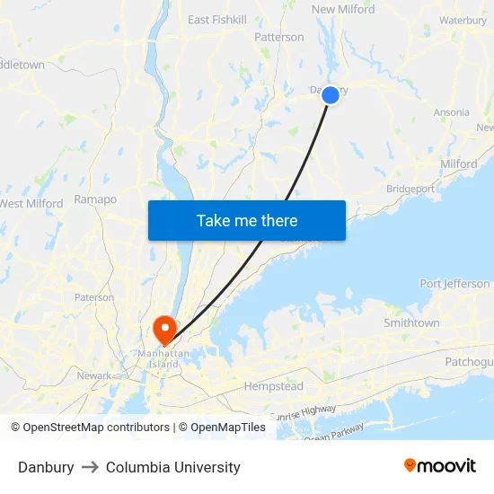 Danbury to Columbia University map
