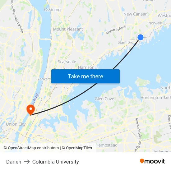Darien to Columbia University map