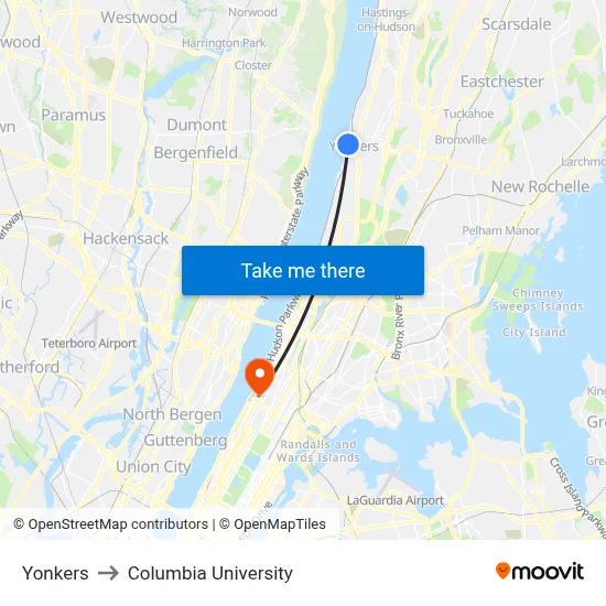 Yonkers to Columbia University map