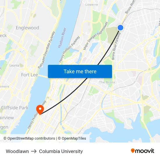 Woodlawn to Columbia University map