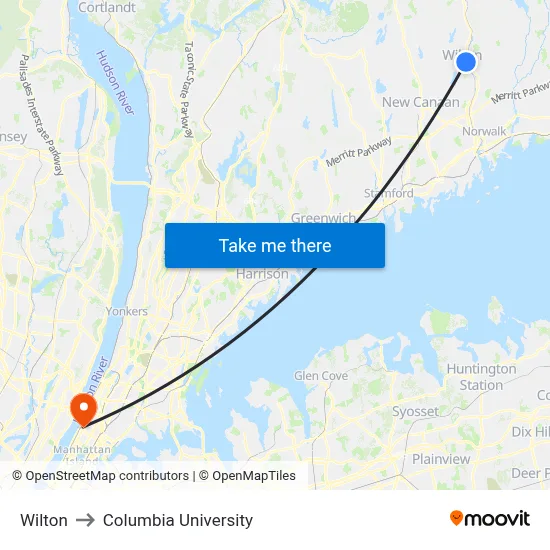 Wilton to Columbia University map