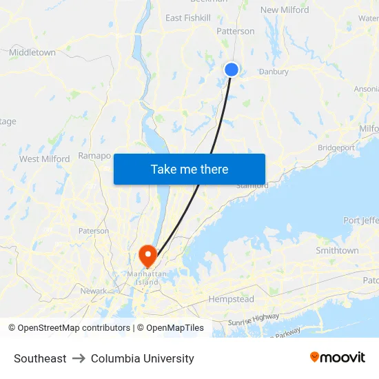 Southeast to Columbia University map