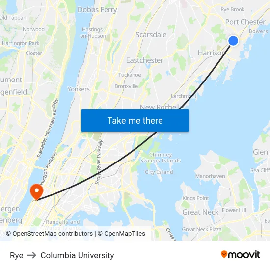 Rye to Columbia University map