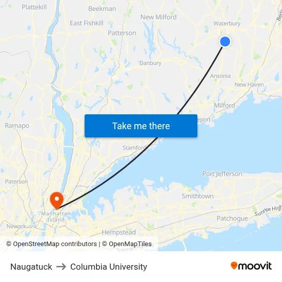 Naugatuck to Columbia University map