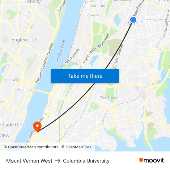 Mount Vernon West to Columbia University map