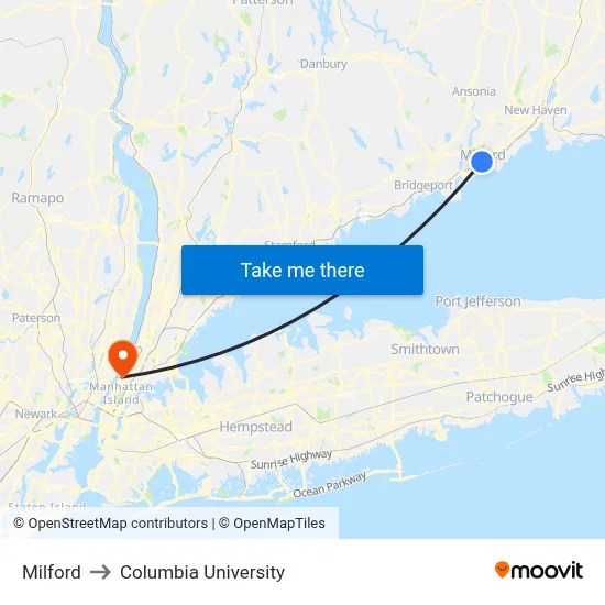 Milford to Columbia University map