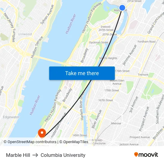 Marble Hill to Columbia University map