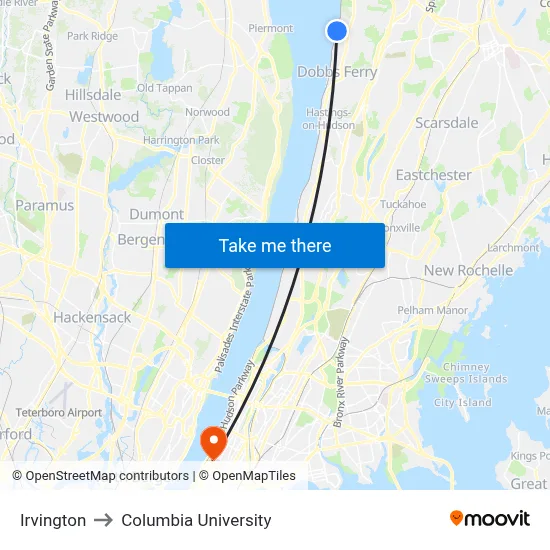 Irvington to Columbia University map