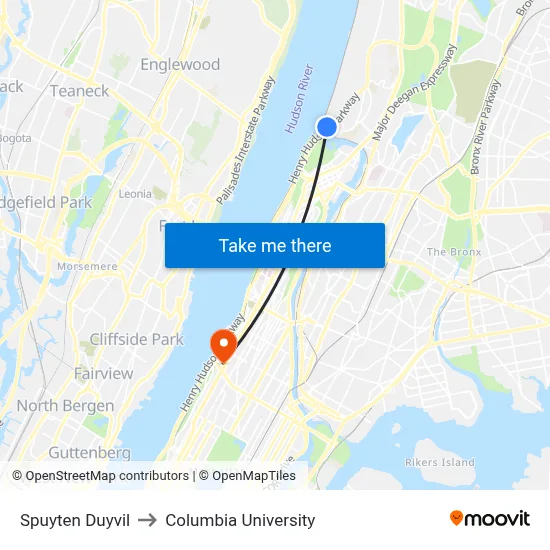Spuyten Duyvil to Columbia University map
