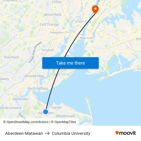 Aberdeen-Matawan to Columbia University map