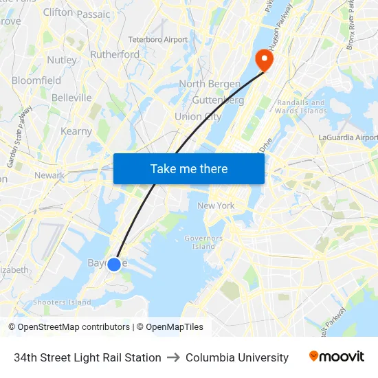 34th Street Light Rail Station to Columbia University map