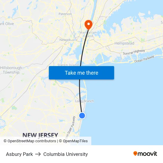 Asbury Park to Columbia University map