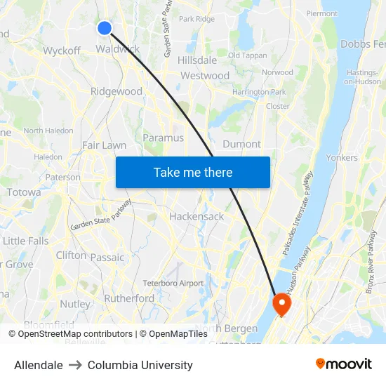 Allendale to Columbia University map