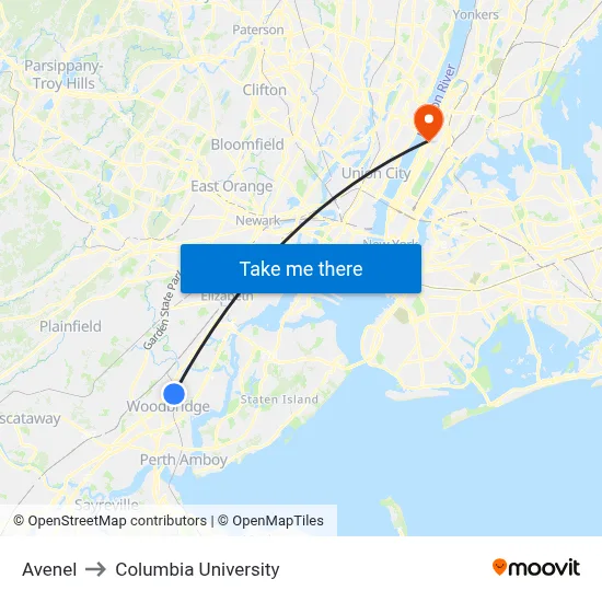 Avenel to Columbia University map