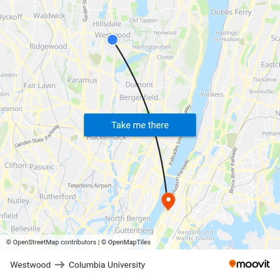 Westwood to Columbia University map