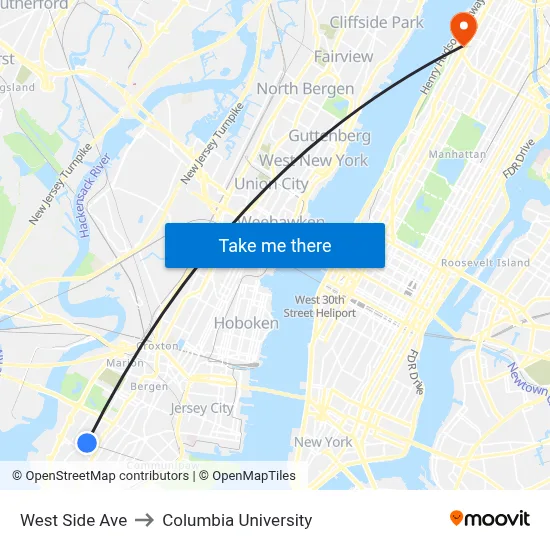 West Side Ave to Columbia University map