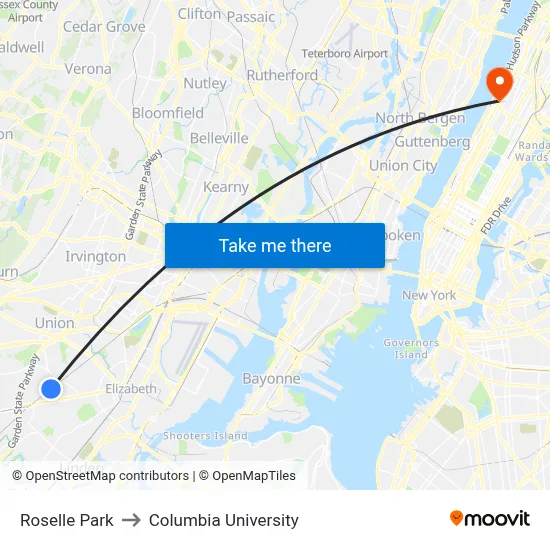 Roselle Park to Columbia University map