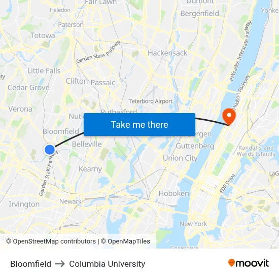 Bloomfield to Columbia University map