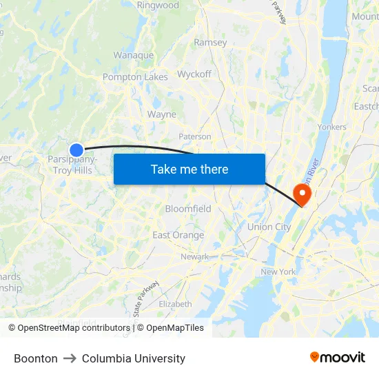 Boonton to Columbia University map