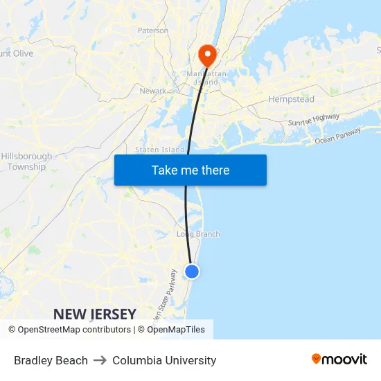 Bradley Beach to Columbia University map