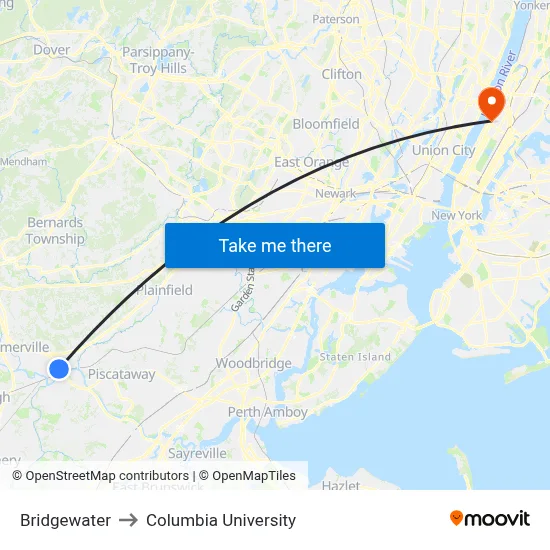 Bridgewater to Columbia University map