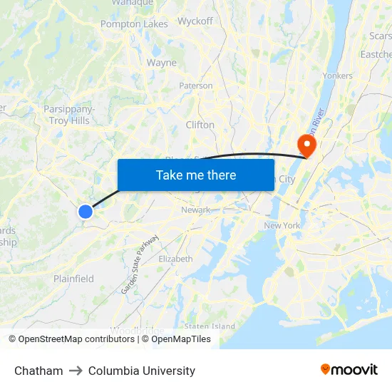 Chatham to Columbia University map