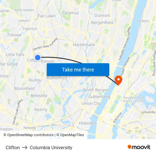 Clifton to Columbia University map