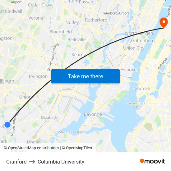 Cranford to Columbia University map