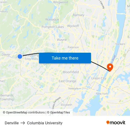 Denville to Columbia University map