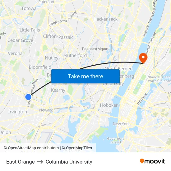 East Orange to Columbia University map