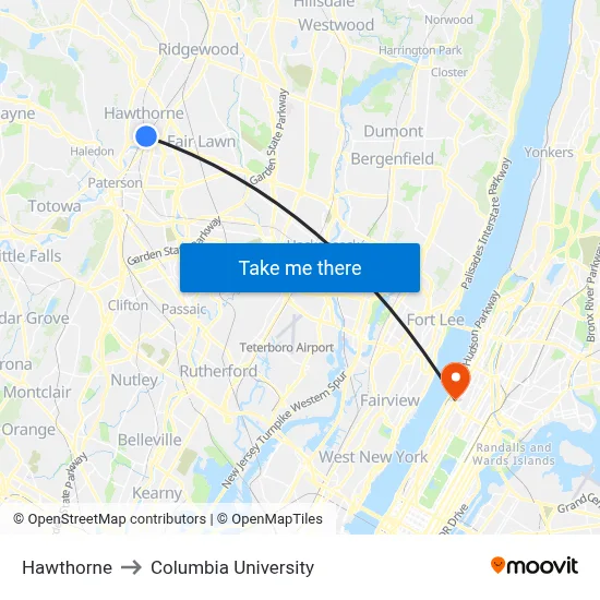 Hawthorne to Columbia University map