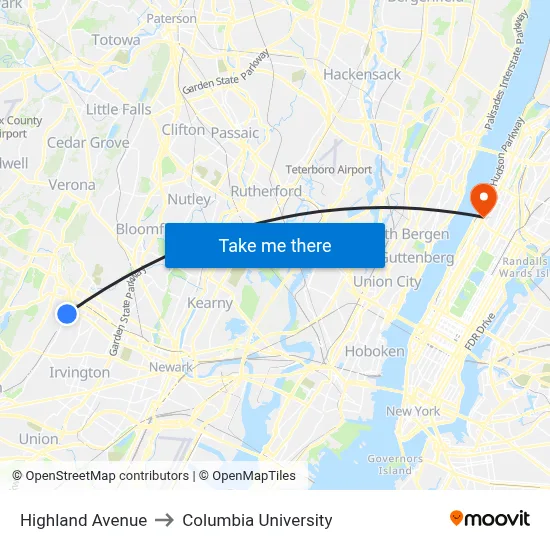 Highland Avenue to Columbia University map