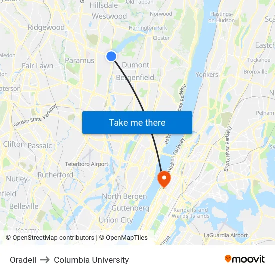 Oradell to Columbia University map