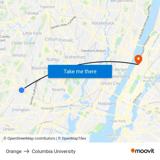 Orange to Columbia University map